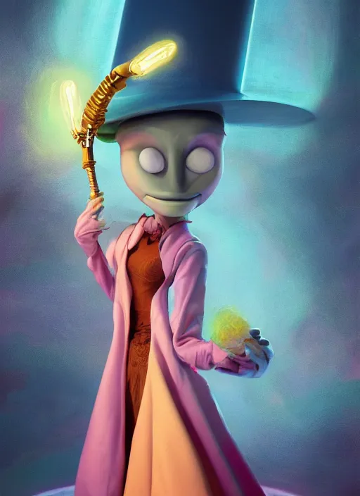 Prompt: an anthropomorphic beautiful female scientist portrait holding a futuristic wand wearing colourful robe, fine art, award winning, intricate, elegant, sharp focus, octane render, hyperrealistic, wizard hat cinematic lighting, highly detailed, digital painting, 8 k concept art, art by jamie hewlett and z. w. gu, masterpiece, trending on artstation, 8 k