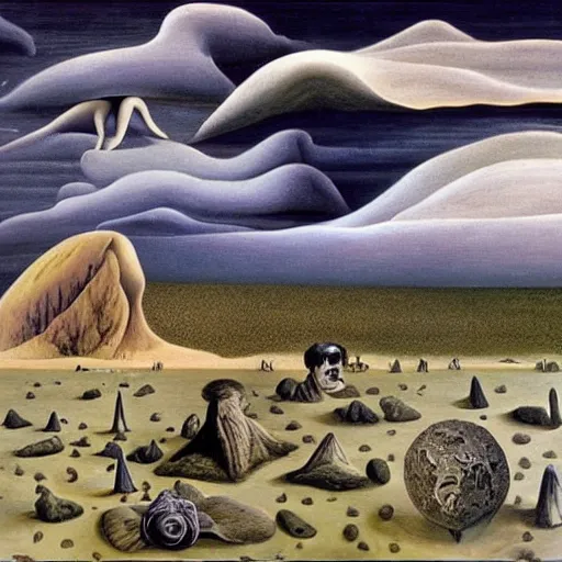 Image similar to A Surreal Landscape by Charles Addams and salvador dali