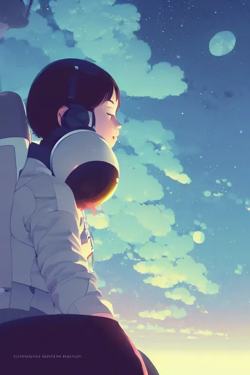 Image similar to cover of a female astronaut by ilya kuvshinov, cloudy sky background lush landscape ln illustration concept art anime key visual trending pixiv by victo ngai fanbox by greg rutkowski makoto shinkai takashi takeuchi studio ghibli