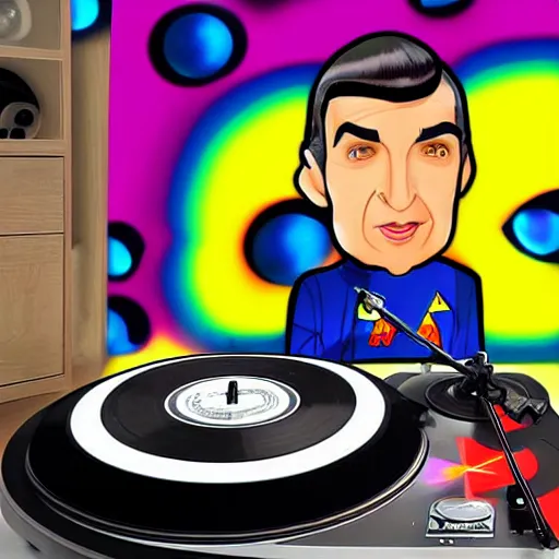 Image similar to svg sticker of a Pop-Wonder Captain-Spock-Star-Trek at a rave, spinning records, giant headphones rocking out, wearing headphones, huge speakers, dancing, rave, DJ, spinning records, digital art, amazing composition, rule-of-thirds, award-winning, trending on artstation, featured on deviantart