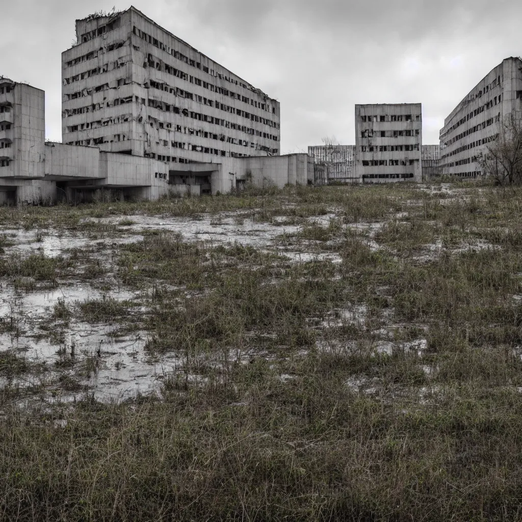 Image similar to brutalist soviet architecture, abandoned city, in the swamps, 4 k, professional photography