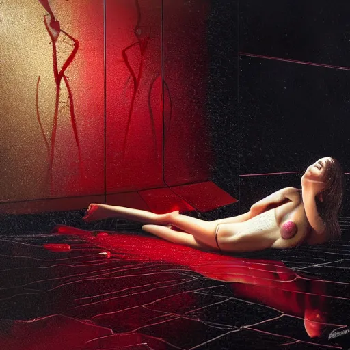 Image similar to Renee Herbert full body laying in a blood red pool of water between a golden mirror frame, outside is space and inside the mirror frame is a beautiful landscape., physically accurate, dynamic lighting, intricate, elegant, highly detailed, digital painting, artstation, HR GIGER, Hieronymus Bosch, Francis Bacon, concept art, smooth, sharp focus, illustration, art by artgerm and greg rutkowski and alphonse mucha