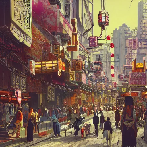 Prompt: art deco streets of the Undying Empire city of ya-Sattra during the Festival of Masks, award-winning realistic painting of cyberpunk Byzantine Hong Kong by Beszinski, Bruegel, and Yoshitaka Amano
