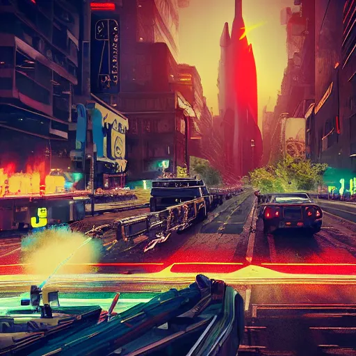 Image similar to SPACE INVADERS game as a city, bustling, rockets, atmospheric, hazy, sweltering, highly detailed, autochrome, 8k, reflections, octane render, unreal engine 5, art by Cézanne