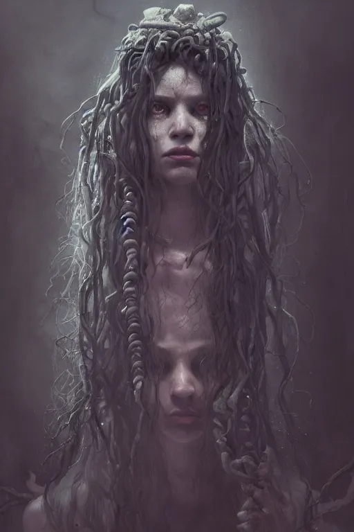 Image similar to A creepy portrait of medusa by Greg Rutkowski, Sung Choi, Mitchell Mohrhauser, Maciej Kuciara, Johnson Ting, Maxim Verehin, Peter Konig, Bloodborne , 8k photorealistic, cinematic lighting, HD, high details, dramatic, atmospheric , trending on artstation