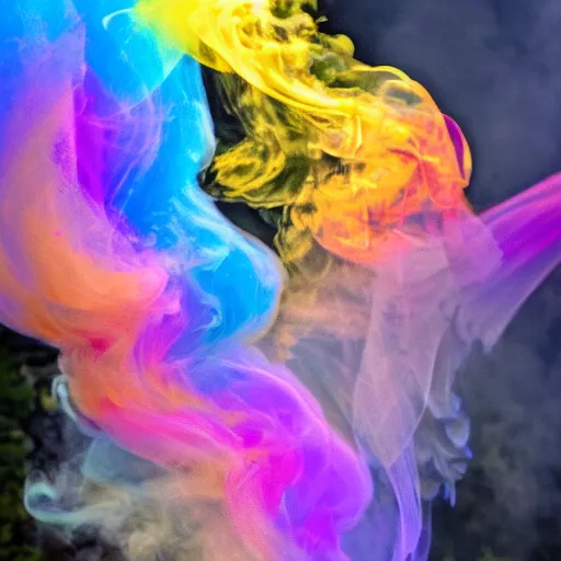 Image similar to multi color smoke, one smoke is reminiscent of a dragon's head and outstretched ribbed wings, billowy, hdr, 8 k, 4 k