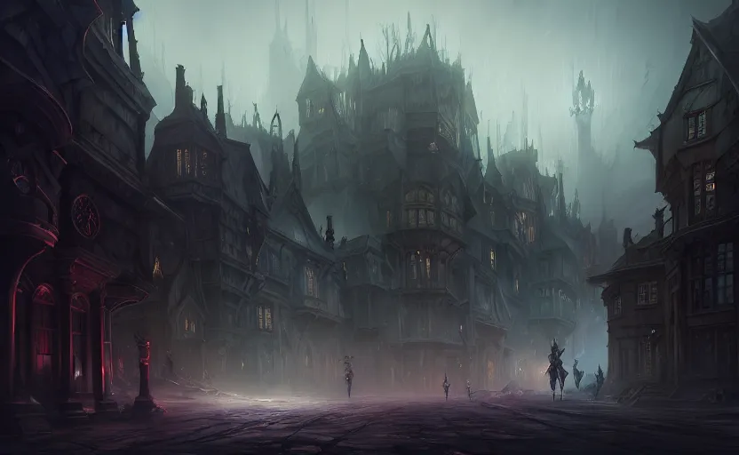 Prompt: extreme long shot concept art depicted old english majestic town, dramatic mood, overcast mood, dark fantasy environment, detailpunk, art inspired by league of legends and arcane, style by jason engle and jordan grimmer, trending on artstation, unreal engine, golden ratio, spectacular composition, realistic architecture