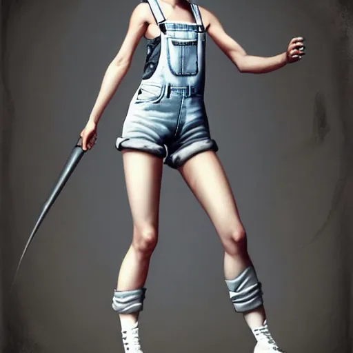 Image similar to full body pose, beautiful androgynous girl, white pixie cut hair, torn overalls, short shorts, combat boots, fishnets, beautiful, highly detailed face, true anatomy!, extremely detailed!, digital painting, unreal engine 5, art by tom bagshaw