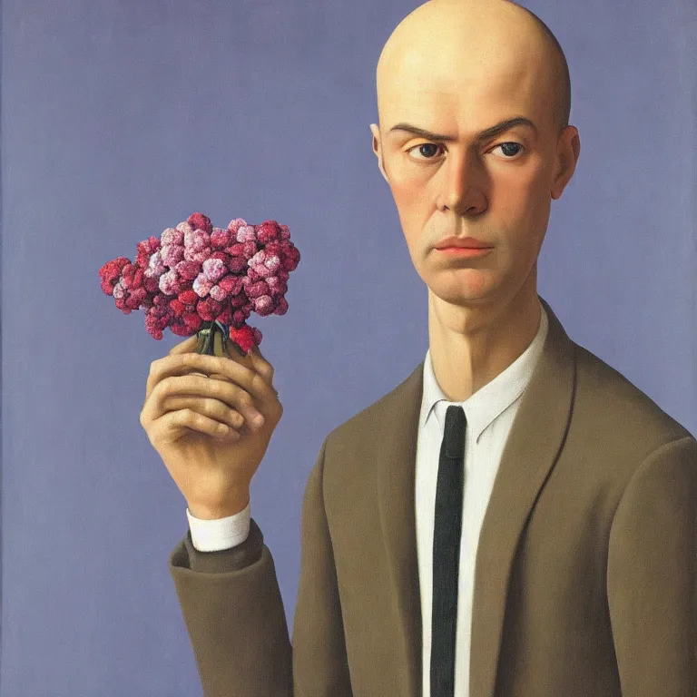 Image similar to portrait of a man, beautiful flowers replaced his head, by rene magritte, detailed painting, hd, hq, high resolution, high detail, 4 k, 8 k