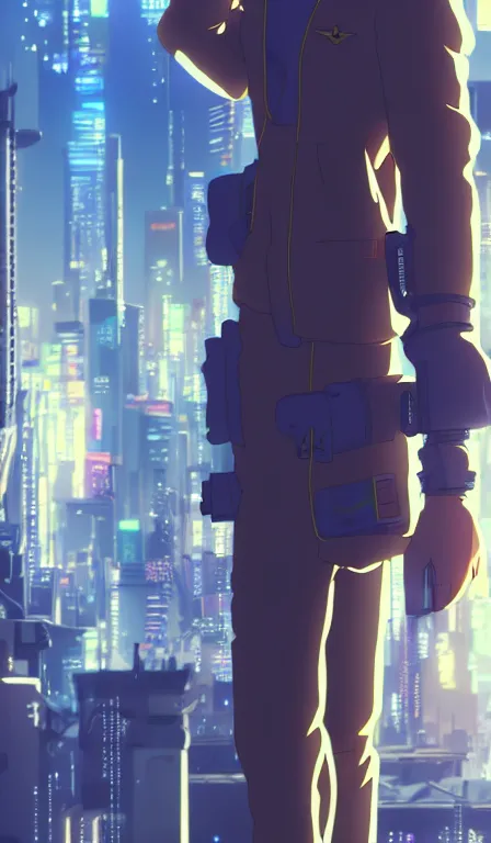 Image similar to anime fine details portrait of Pilot in front of cyberpunk moder city landscape on the background deep bokeh, close-up view, anime masterpiece by Studio Ghibli. 8k, sharp high quality anime, artstation