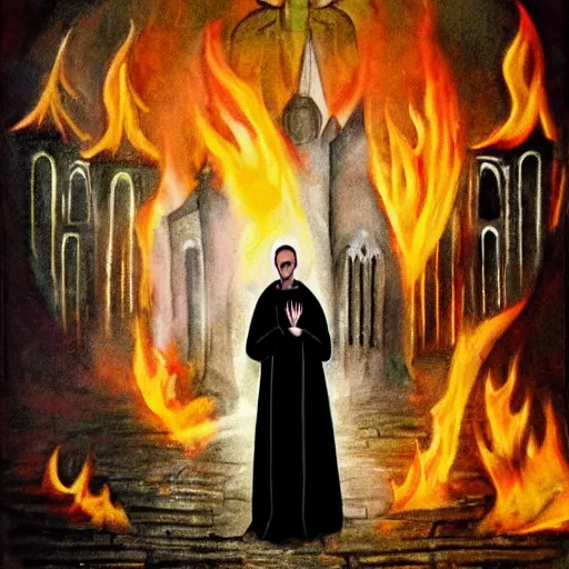 Image similar to priest on knees in front of burning church, gothic art, color, emotional, sad, dramatic, detailed