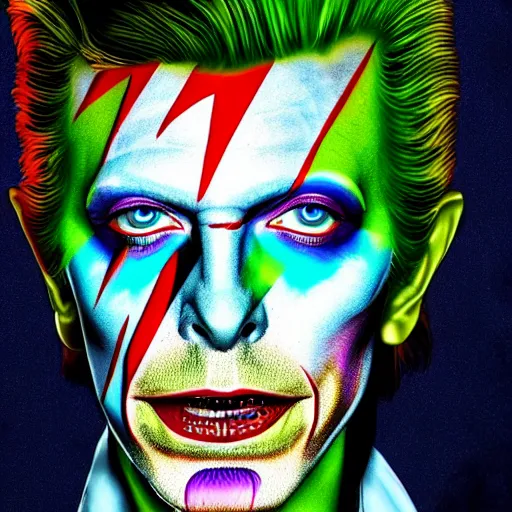 Image similar to an extremely psychedelic portrait of david bowie as the joker, surreal, lsd, face, detailed, intricate, elegant, lithe, highly detailed, digital oth, sharp focus, illustration,