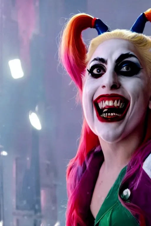 Prompt: film still of Lady Gaga as Harley Quinn in Joker 2, 4k