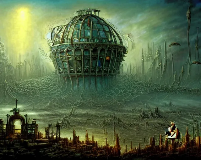 Prompt: steampunk biopunk clockpunk underwater end of the world among crowd of lot of people, clouds, fire, demons, plants, bridge, buildings, people, serpent, strange creatures walking around, falling from sky, big titan creature in the center, splitting the sky and the ocean and the tall city, by vladimir kush and giger and zdzislaw