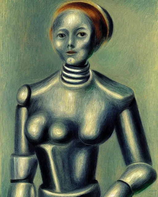 Image similar to portrait of a robot with metallic female face, in the style of Pierre-Auguste Renoir