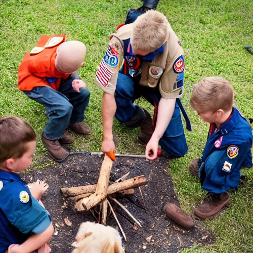 Prompt: puppies dressed as Boy Scouts building a campfire