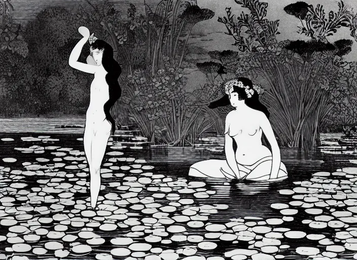 Image similar to A girl bathes in a lake where water lilies are floating, lithography by Aubrey Beardsley, High definition, detailed,