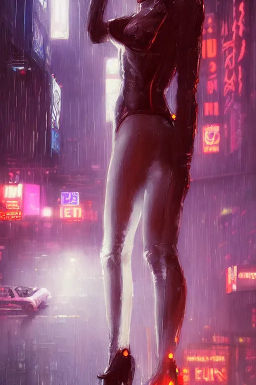 Prompt: gorgeous portrait of a tall beautiful white female anthro fox smoking a cigarette towering head and shoulders above the bustling crowd of a rainy city street around her, sci fi bodysuit, cyberpunk, harsh neon lights, highly detailed, sharp focus, digital painting, illustration, trending on artstation, art by sakimichan, wlop, greg rutkowski