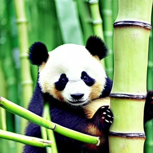 Prompt: A cute small panda eating bamboo while smiling