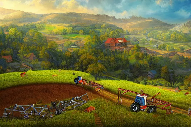 Image similar to digital masterpiece artwork of robots farming on a hillside overlooking a creek, by peter alexander