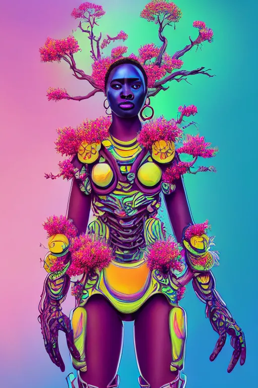 Prompt: illustration lowbrow cinematic super expressive! yoruba goddess with exoskeleton armor, merging with tree in a forest, pink yellow flowers, highly detailed digital art masterpiece, smooth etienne sandorfi eric zener dramatic pearlescent soft teal light, ground angle uhd 8 k, sharp focus