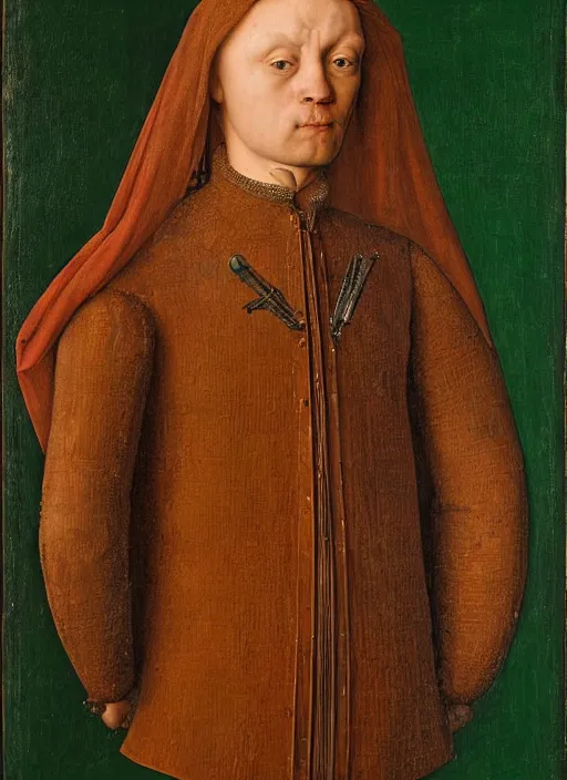 Image similar to a portrait of a half-human, half-machine cybord by Jan van Eyck