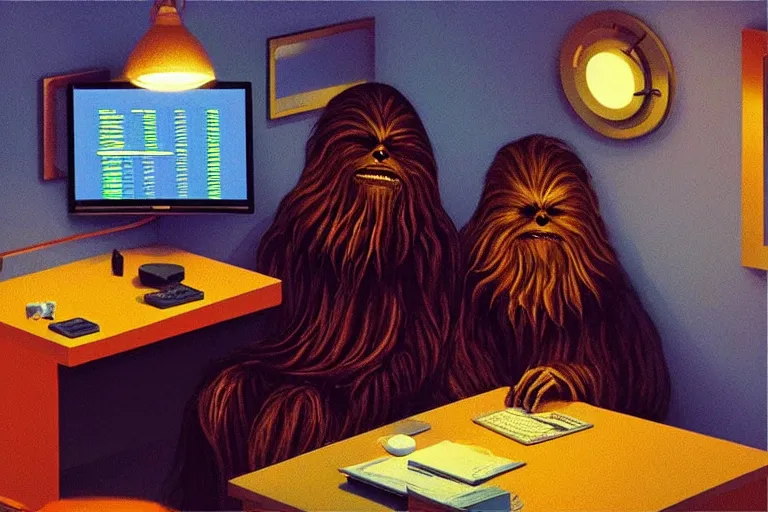 Prompt: wookiee comfy at home trading crypto on a laptop. the charts are at all - time - highs, painting by edward hopper, 3 d rendering by beeple