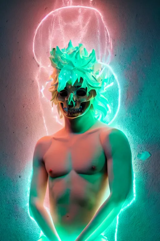 Image similar to photo of fullbody rococo and cyberpunk delicate neon crystalline sculpture of seductive muscular onyx albino marble prince liam payne as an mint iridescent humanoid deity wearing pink plastic hooded cloak holding an onyx skull in a onyx space dungeon, reclining, glowing yellow face, crown of white diamonds, cinematic lighting, photorealistic, octane render 8 k depth of field 3 d