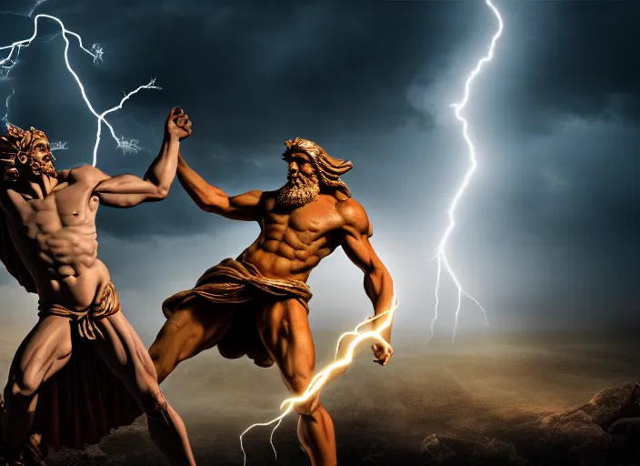 Prompt: god zeus throwing lightning at titan chronos. mythology style. highly detailed 8 k. intricate. lifelike. soft light. sony a 7 r iv 5 5 mm. [ cinematic post - processing ].