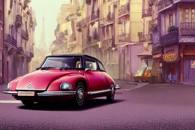 Image similar to a wholesome beautiful animation key shot of!! one!! focused!! 1 9 7 4 citroen ds!! in a paris street, medium wide shot, studio ghibli, ( pixar ) and disney animation, sharp, very detailed, high resolution, rendered in unreal engine 5, anime key art by greg rutkowski, bloom, dramatic lighting