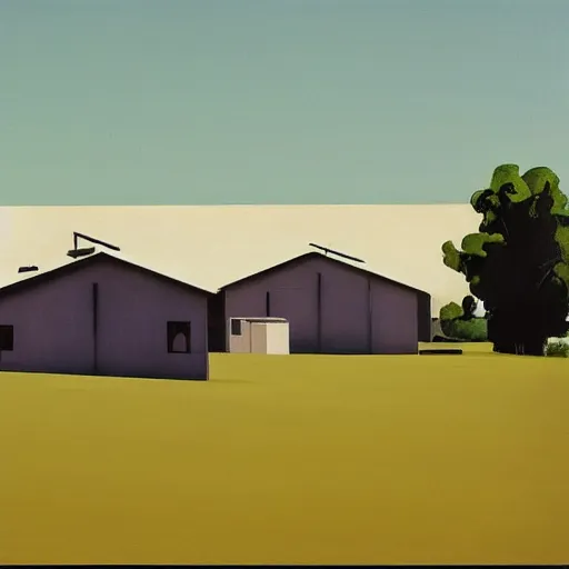 Image similar to dreaming futuristic rural landscape with modern houses, painted by Alex Katz and Edward Hopper, airbrushm, highly detailed