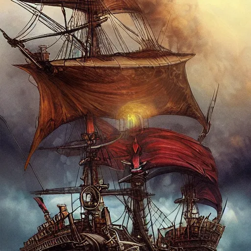 Prompt: Red headed sky-pirate standing onboard his steampunk airship, epic fantasy art style HD