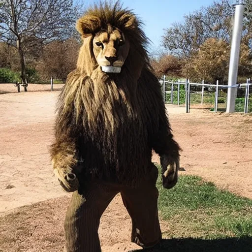 Prompt: man dressed disguised pretending to be a lion at a zoo