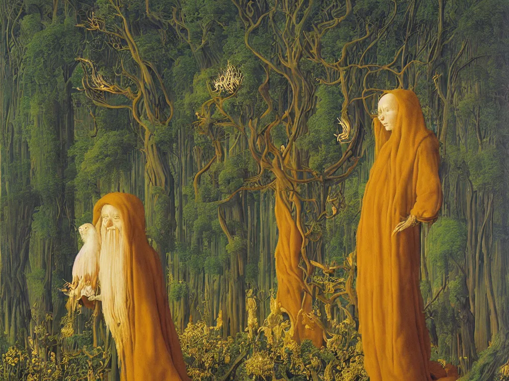 Prompt: albino mystic, with his back turned, with exotic beautiful chrysanthemum looking at a giant Sequoia forest burning with fire in the distance. Painting by Jan van Eyck, Audubon, Rene Magritte, Agnes Pelton, Max Ernst, Walton Ford