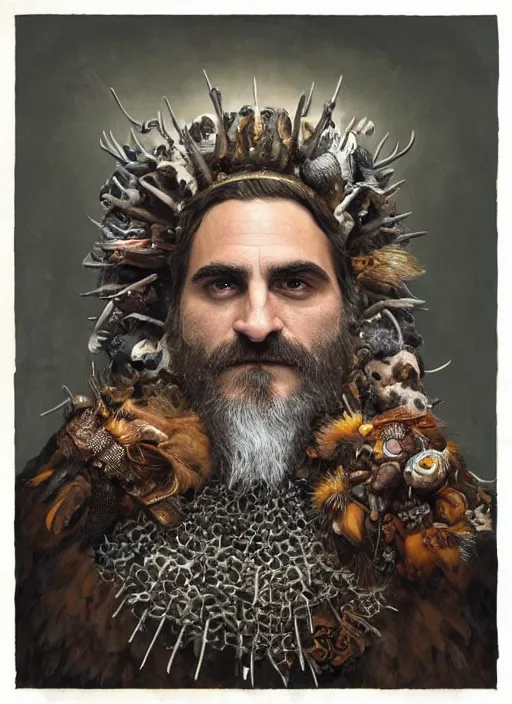 Image similar to a hyper detailed portrait of joaquin phoenix with a crown made of animals, cow horns, pig nose, sheep wool, chicken feather armor, by anna podedworna, by miklos ligeti, by diego maricato, by taran fiddler, by antonino truisi, by chris reddie, by jinsung lim, trending on artstation