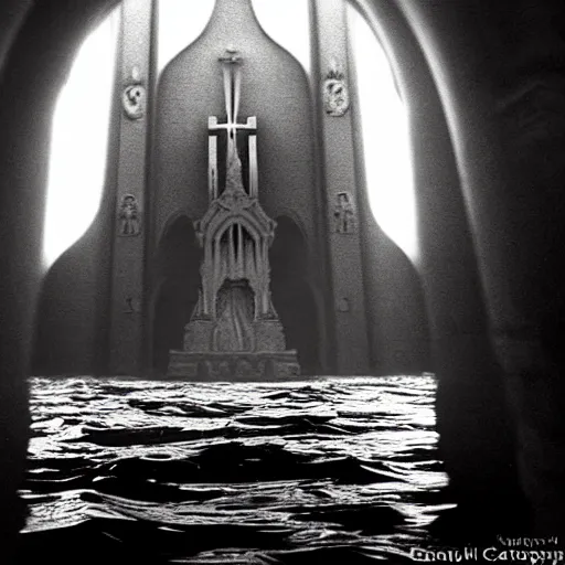 Image similar to hyperrealism hyperdetail. submerged cathedral of dagon beneath the ocean floor. photography by ansel adams. ominous light emits from deep inside the temple.