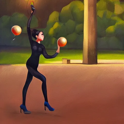 Prompt: woman juggling in the park. Oil painting. Digital painting. Art station. Mood lighting. highly detailed, concept art, intricate, sharp focus, einar jonsson , man ray