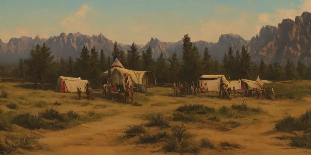 Image similar to a wild west scenery, camps in the background, painted