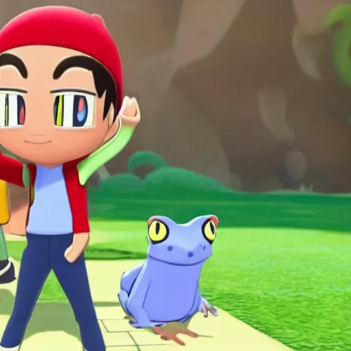 Prompt: frog pokemon trainer, wes anderson, screenshot from pokemon sword and shield
