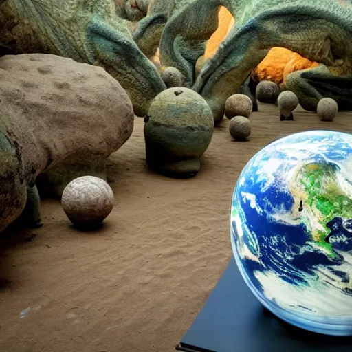 Prompt: earth on display at an alien zoo