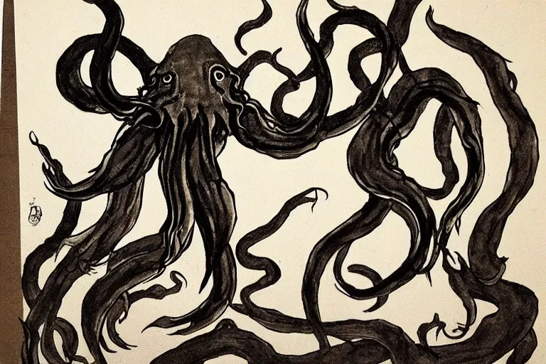 Prompt: cthulhu, qi baishi ink painting