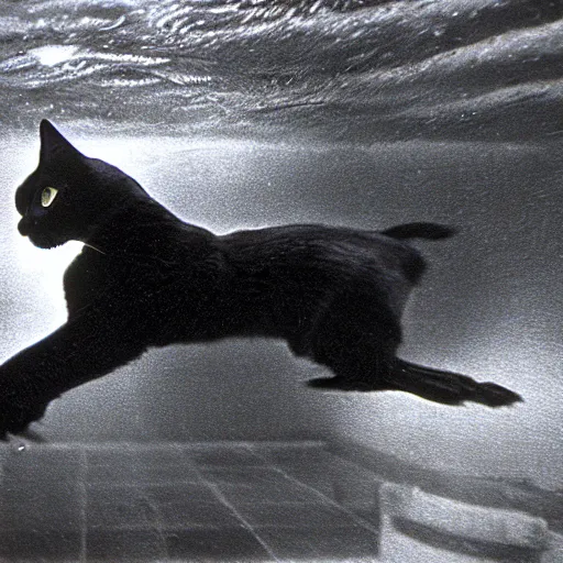 Image similar to vhs footage of a black cat swimming around underwater