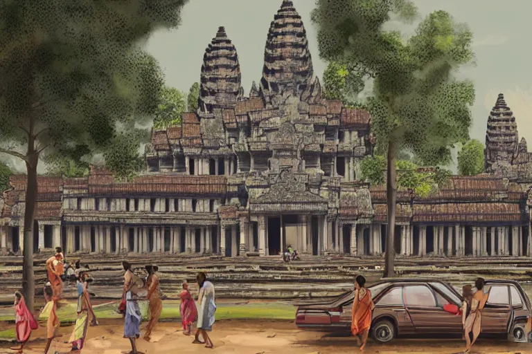 Prompt: angkor wat in the middle of a busy town, big crowd, many vehicles, many buildings, concept art, digital painting by shaddy safadi