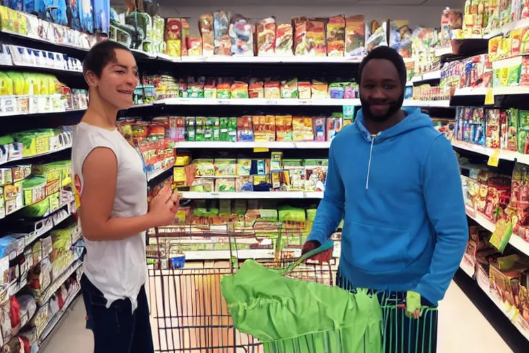 Prompt: a real life finn from adventure time shopping for groceries