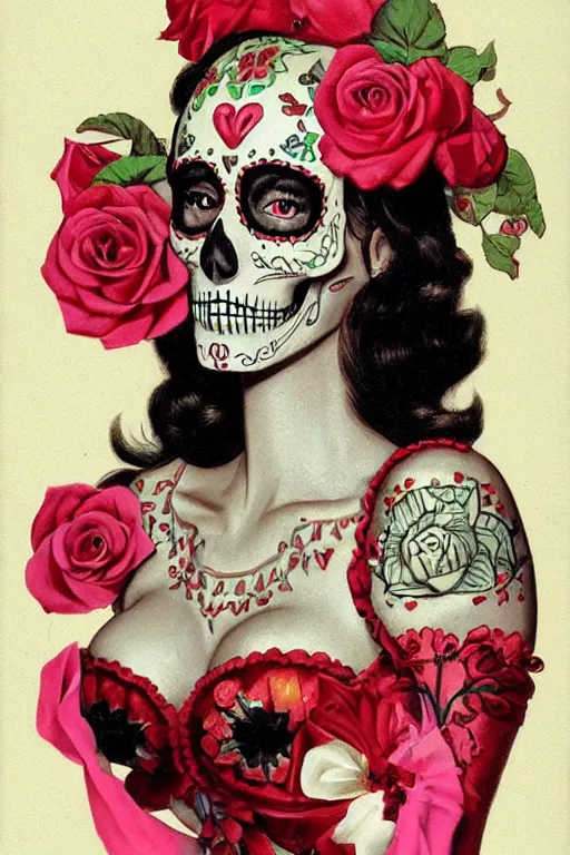 Image similar to illustration of a sugar skull day of the dead girl, art by gil elvgren