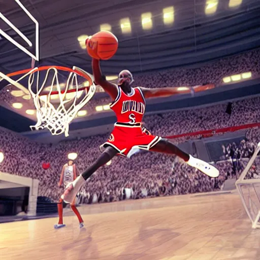 Prompt: small goblin dunking on Michael Jordan in basketball 3d render