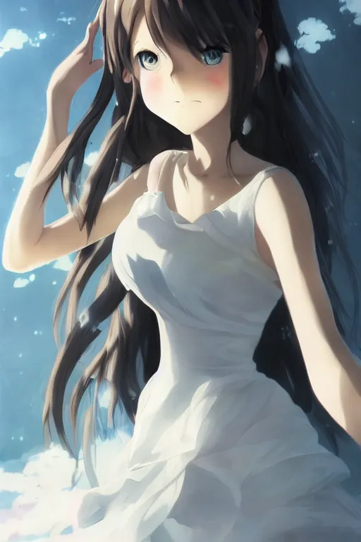 Prompt: anime girl with wearing a white dress, anime style, gorgeous face, by makoto shinkai, by wenjun lin, digital drawing, video game art