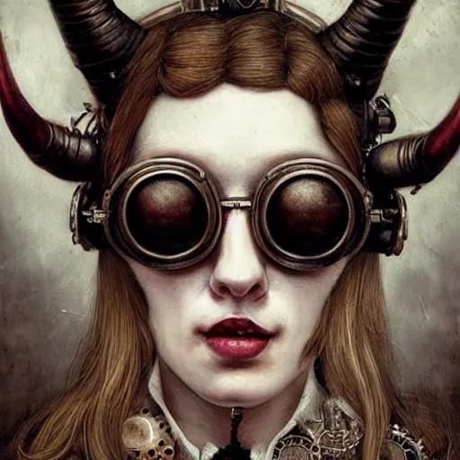 Image similar to a hyperrealistic portrait painting of a beautiful woman with demon horns wearing steampunk goggles, by santiago caruso, highly detailed,