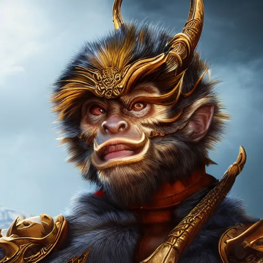 Prompt: portrait of Sun Wukong, digital art, highly detailed, concept art, intricate, sharp focus, Trending on Artstation HQ, deviantart, unreal engine 5, 4K UHD image