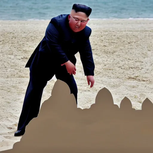 Image similar to kim jong un building sandcastle at the beach